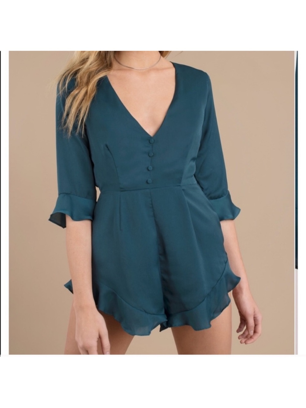Tobi Teal V-Neck Romper with Ruffle Hem